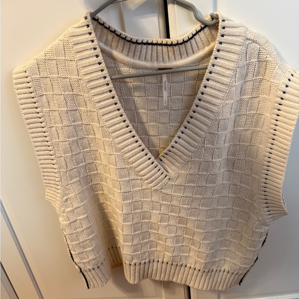 Cream V-Neck Knit Sweater Vest Free People